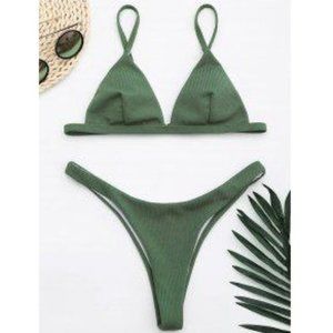 NWOT Zaful Ribbed Texture High Cut Thong Bikini - Army Green S